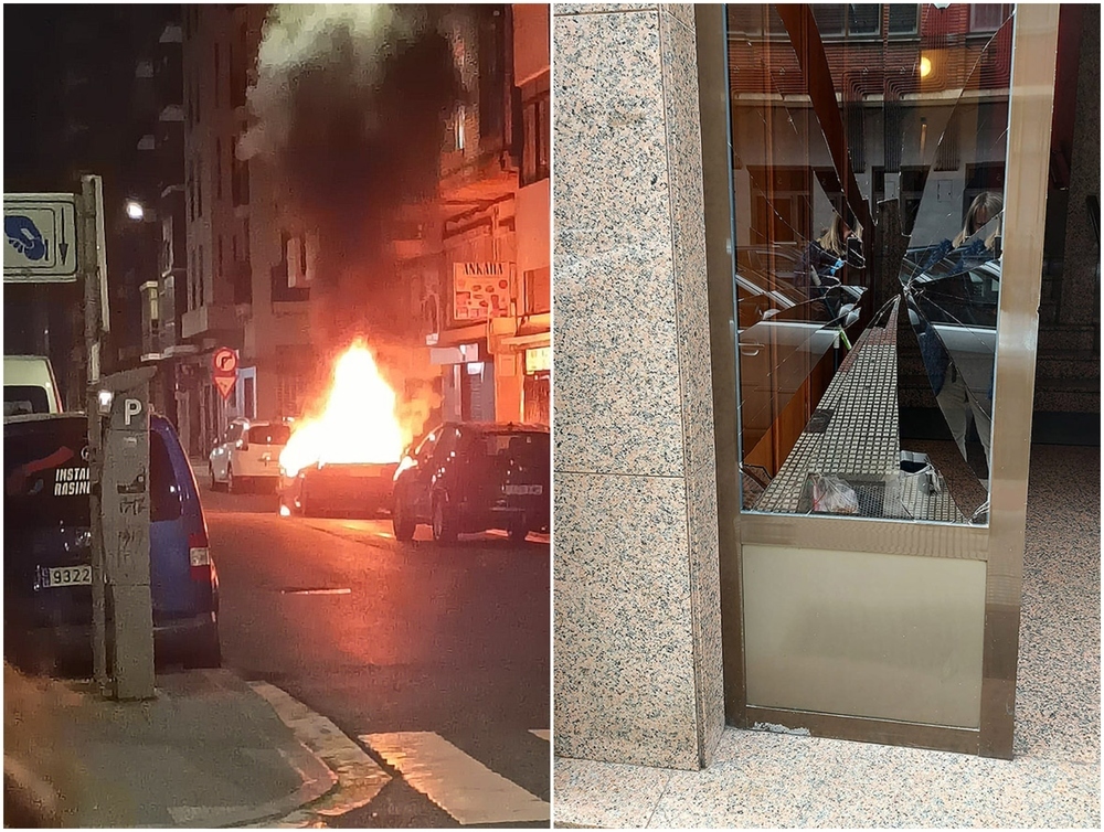 El vehículo ardió en la calle Juan Ramón Jiménez (i.) sin causar más daños. Los destrozos en esta zona de Miranda (como en la imagen de la derecha) suelen ser habituales.