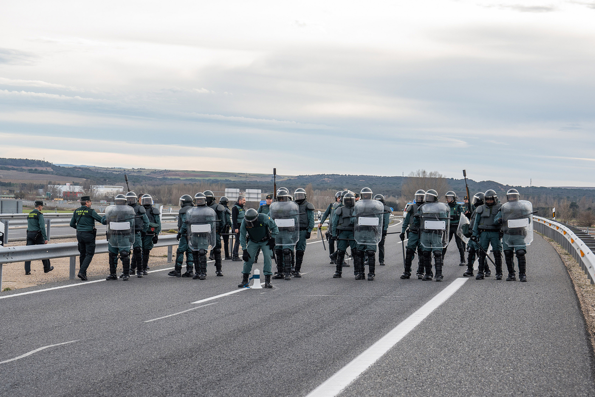 La Guardia Civil carga contra los agricultores para desalojar la A-1 tras el corte del tráfico en sentido Madrid.  / PACO SANTAMARÍA (EFE)