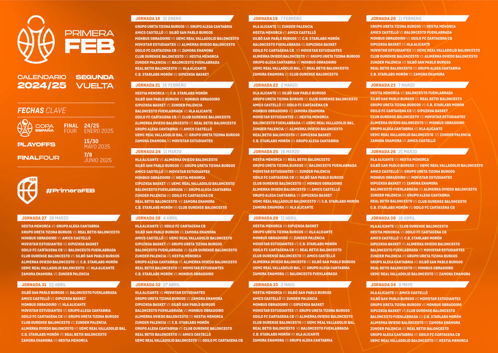 Calendario Primera FEB 2024-25 (segunda vuelta).
