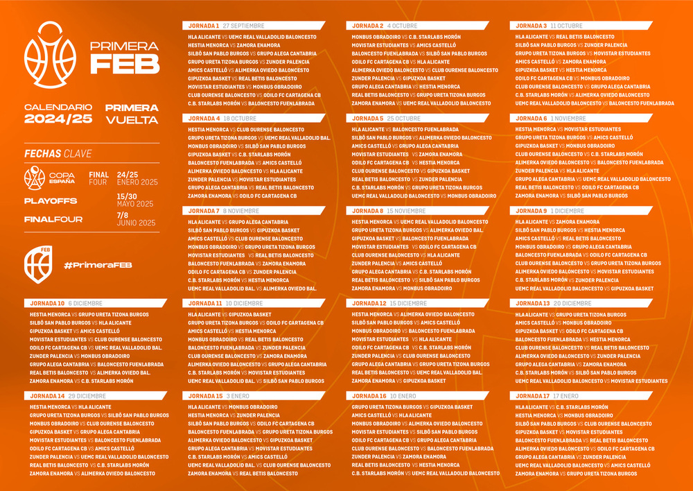 Calendario Primera FEB 2024-25 (primera vuelta).